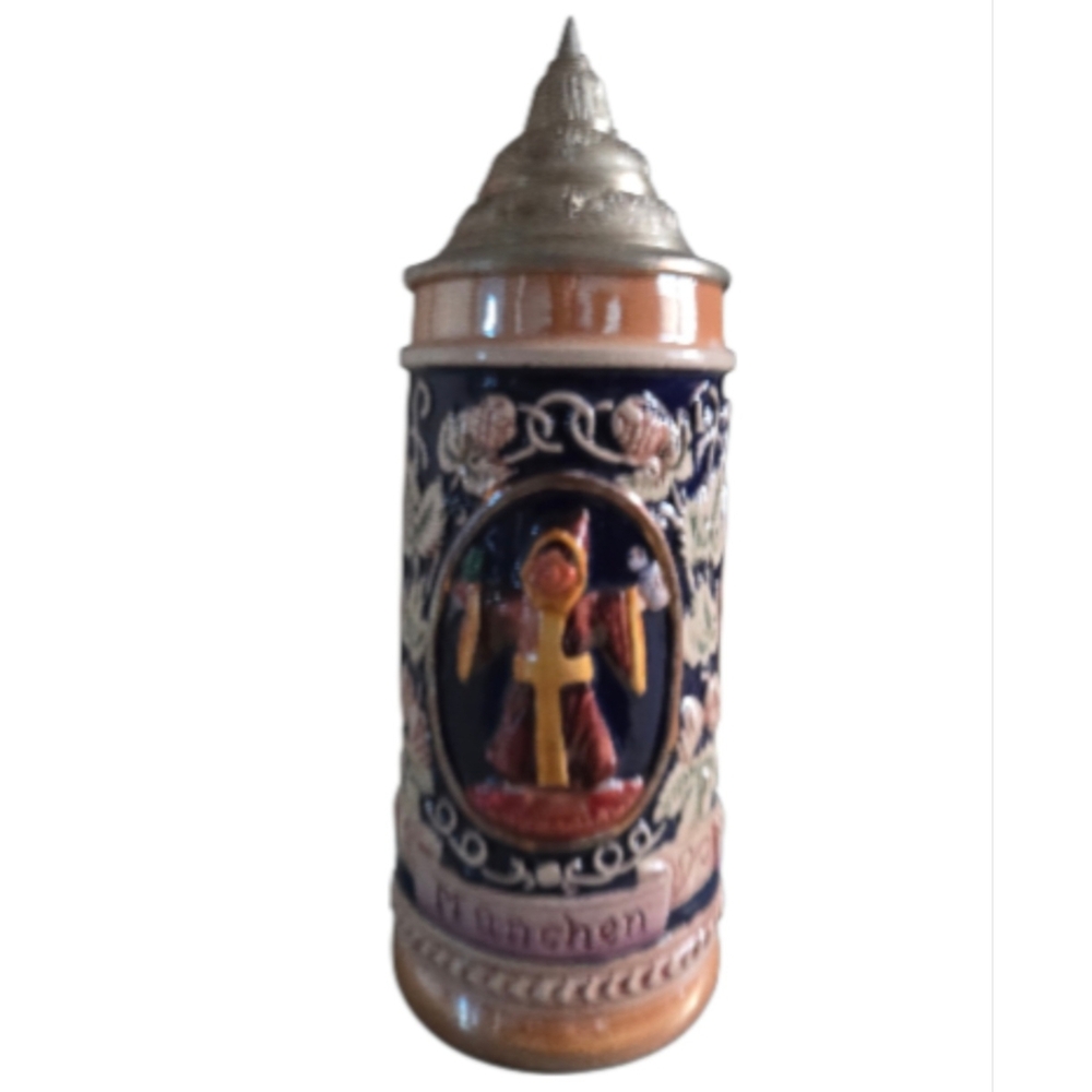 Vintage Handgemalt German Beer Stein w/Pewter Lid 10" Tall - Munchen